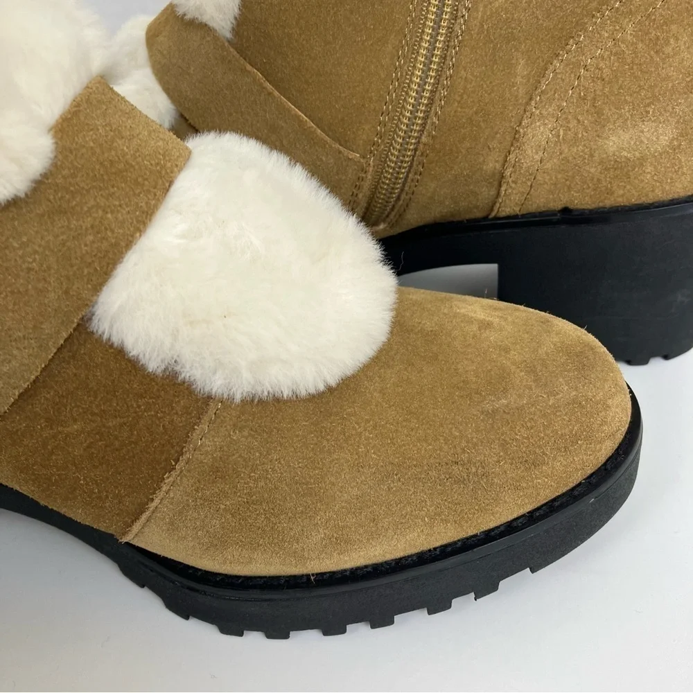 Saks Fifth Avenue Hailey Suede Chunky Winter Boots w Buckles Faux Fur Trim Sz 10